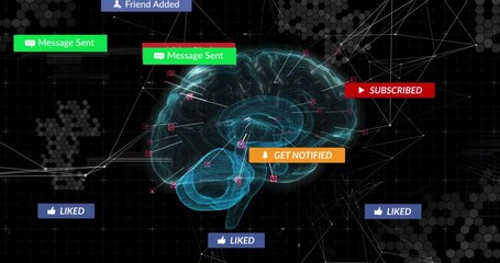  - Blue wireframe brain floating in grid cyberspace, showing animated network lines and social icons