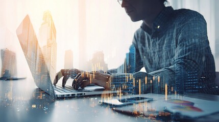 Poster - Double Exposure of Financial Analyst Working with Digital Data