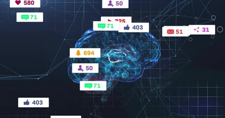 Poster - 3D wireframe brain pulsating neon data currents while social media badges floating around dark grid