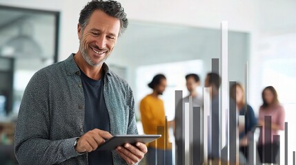 Poster - Executive Using Tablet with Rising Bar Charts in Modern Office
