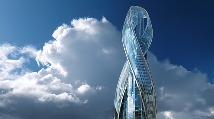 Poster - Modern Corporate Tower Amidst Swirling Clouds and Blue Sky