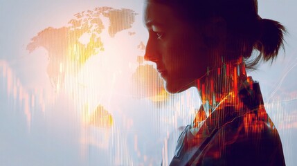 Poster - Double Exposure Businesswoman Silhouette with World Map Background