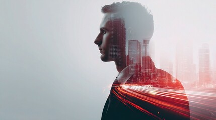 Poster - Pensive Businessman Overlaying City Traffic Timelapse in Modern Setting