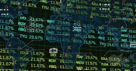Poster - Digital world map being animated with floating finance tickers and geometric markers in flat design