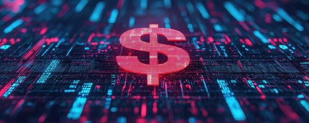 Poster - The dollar weakens concept. Digital dollar symbol amidst colorful data streams.