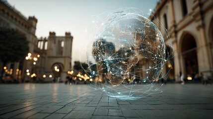 Poster - Holographic Digital Globe Displayed on Empty Plaza in the Evening