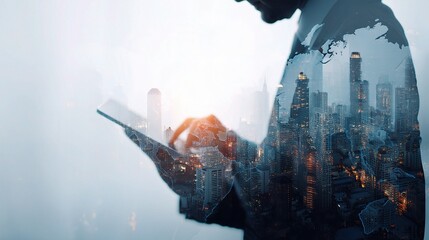 Poster - Businessman with Cityscape Double Exposure Using Digital Device