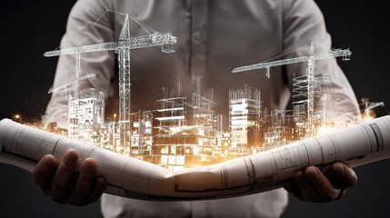 Poster - Architect Holding 3D City Plans with Luminous Layered Design