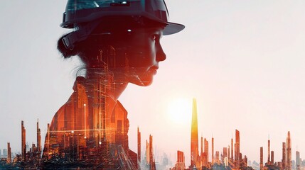 Poster - Architect in Helmet Overseeing Futuristic Smart City Blueprint Design