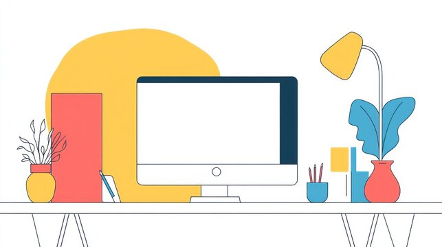 Clean minimalist desk workspace, computer screen, office