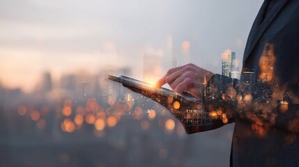 Poster - Businessman Holding Tablet in Front of Cityscape with Glowing Lights