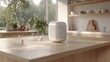 © Sawat - Smart speaker on a modern kitchen countertop surrounded by minimalist decor and natural light