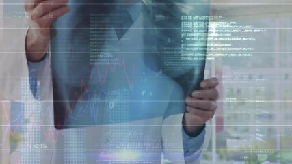 Poster - Male business professional holding tablet, analyzing holographic finance graphs and code