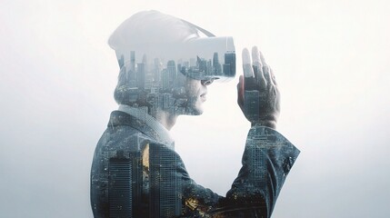 Poster - Double Exposure of Businessman in VR Headset with City Projection