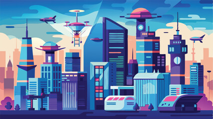 Poster - Futuristic city skyline with flying cars and hovering structures in a vibrant sunset atmosphere