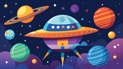 Wall Mural - Colorful spacecraft journeying through a vibrant cosmic landscape filled with diverse planets, stars, and swirling clouds