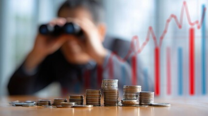 Poster - Asian Investor Observing Growth Trends with Binoculars and Coins