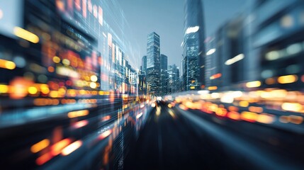 Poster - Blurred Financial Figures Flying Through a Digital City Landscape