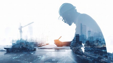 Poster - Architect Creating Design Plans Overlaid on Construction Site