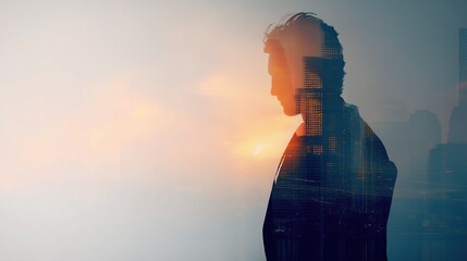 Poster - Double Exposure Concept with Businessman Silhouette and Cityscape