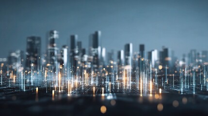 Poster - Digital Holograms Over City Skyline with Business Theme Concept