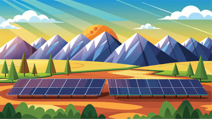 Poster - Vector illustration of solar panels in a mountainous landscape at sunset with vibrant colors and a serene atmosphere