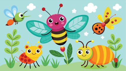 Poster - Colorful vector illustration of cheerful insects in a vibrant garden filled with flowers, showcasing a friendly bee, ladybug, and playful butterflies