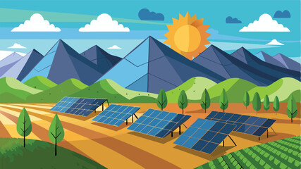 Poster - Vector illustration of solar panels in a mountainous landscape at sunset with vibrant colors and a serene atmosphere