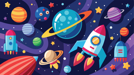 Wall Mural - Colorful vector illustration of rockets and planets in outer space showcasing exploration and adventure among celestial bodies