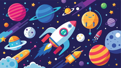 Wall Mural - Colorful vector illustration of rockets and planets in outer space showcasing exploration and adventure among celestial bodies