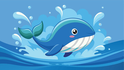 Poster - Vector illustration of a cheerful blue whale swimming playfully in ocean waves with splashes of water in a bright and vibrant underwater scene