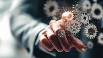 Poster - Double Exposure of Businessman Hand Interacting with Gears and Cogs