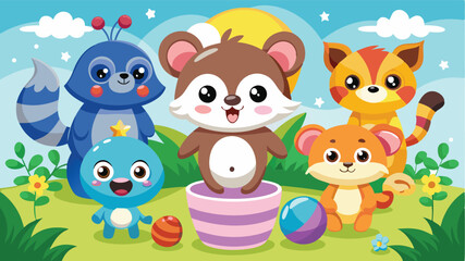 Poster - Vector illustration of cheerful cartoon animals in a vibrant garden setting, perfect for children's books or educational materials featuring friendly wildlife in a playful atmosphere