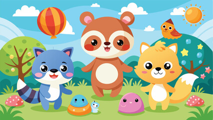 Poster - Vector illustration of cheerful cartoon animals in a vibrant garden setting, perfect for children's books or educational materials featuring friendly wildlife in a playful atmosphere