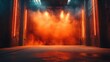 © Aisha - A smoky studio, dark empty stage with orange backlighting, neon accents creating depth, and a rugged concrete floor