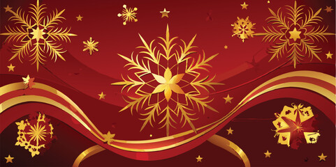 Poster - Festive vector illustration featuring golden snowflakes and stars against a vibrant red background for holiday celebrations