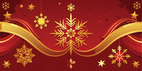 Poster - Festive vector illustration featuring golden snowflakes and stars against a vibrant red background for holiday celebrations