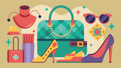 Aufkleber - Colorful vector illustration of trendy fashion accessories featuring vibrant shoes, sunglasses, handbag, and decorative elements