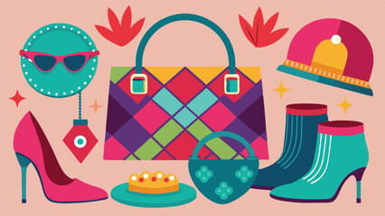 Aufkleber - Colorful vector illustration of trendy fashion accessories featuring vibrant shoes, sunglasses, handbag, and decorative elements