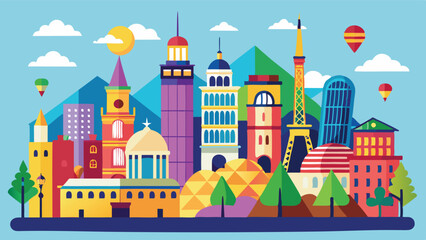 Poster - Urban skyline featuring iconic buildings and structures in a vibrant vector style illustration during sunrise or sunset