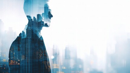 Poster - Businessman Silhouette Blended with Tech-Driven City Landscape
