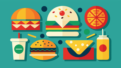 Aufkleber - Colorful vector illustration featuring a variety of food items including burgers, drinks, and snacks in a playful arrangement ideal for culinary design themes