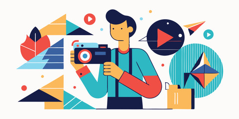 Aufkleber - Creative vector illustration of a photographer capturing moments amidst colorful geometric shapes and nature-inspired elements during a bright day