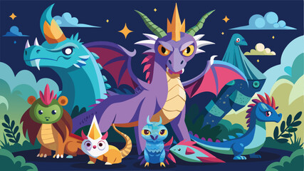 Poster - Colorful vector illustration of fantasy creatures including a dragon, bird, and other whimsical animals in a vibrant setting