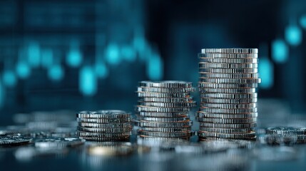 Poster - Stacked Coins with Financial Graph Overlays in Blue Background