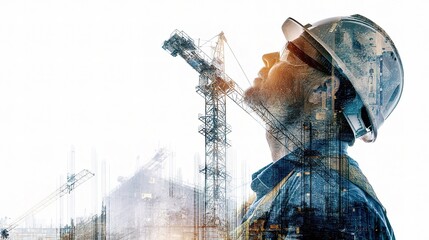 Poster - Double Exposure of Architect with Crane Gear in Construction Scene