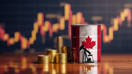 Poster - Canadian Flag on Barrel with Pumpjack and Financial Graph Background