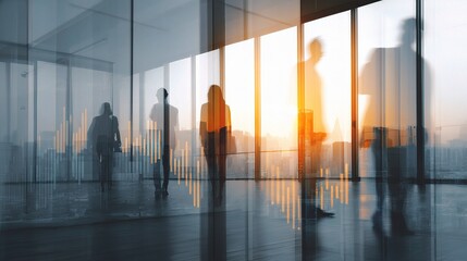 Poster - City Skyline Reflected in Glass Office Wall During Sunset