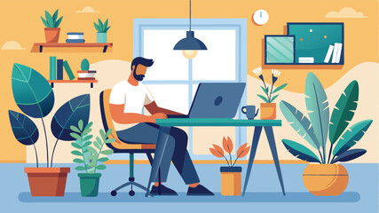 Poster - Home office vector illustration featuring a man working on a laptop surrounded by indoor plants in a cozy environment