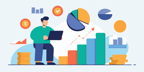 Leinwandbilder - Engaging vector illustration of a person analyzing data with charts and graphs in a digital workspace setting